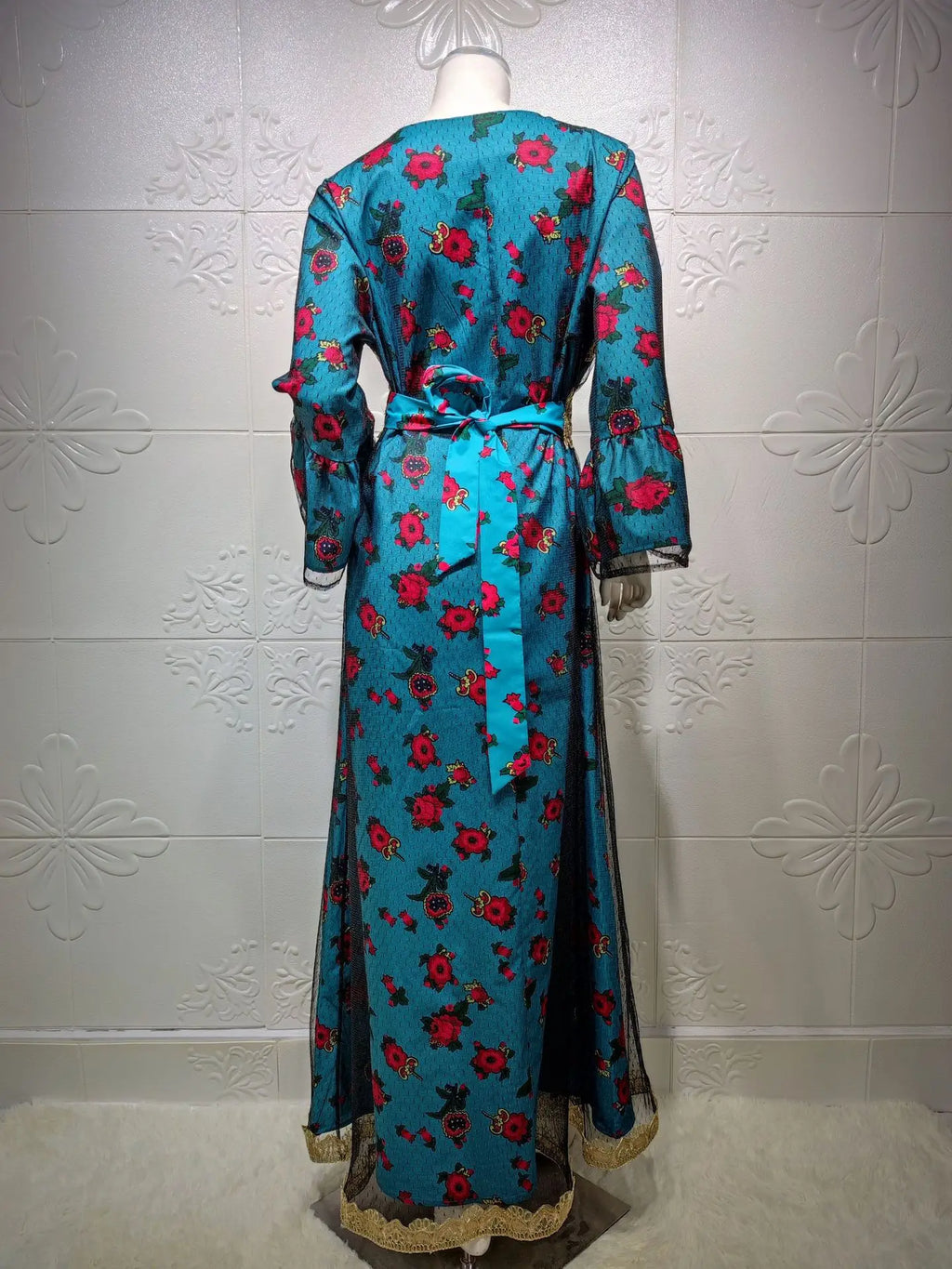 Luxury Middle East Abayas for Women Dubai Dress Lace Applique Mesh Printing Long Sleeves Elegant Evening Party Muslim Clothes