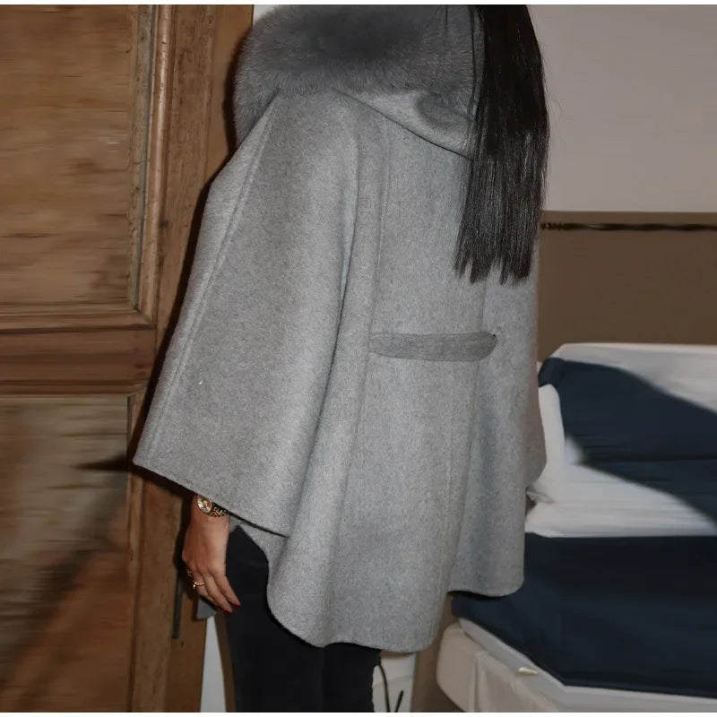 Elegant Fur Shawl Women's Coat Long Sleeve Patchwork Woolen Lace Up V-neck Solid Female Coats 2025 Autumn Winter Lady Jackets