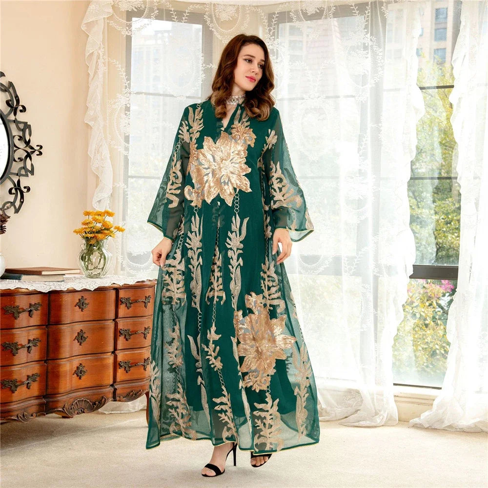 Muslim Abaya Dress Dubai Ramadan Sequins Floral Embroidered Moroccan Caftan Women Evening Gown Eid Djellaba Jalabiya Vestidos