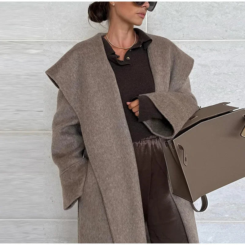 Solid Large Lapel Belted Long Woolen Women Coat Elegant Full Sleeve Lace Up Overcoat  2025 Autumn Winter Wrap Style Outerwear