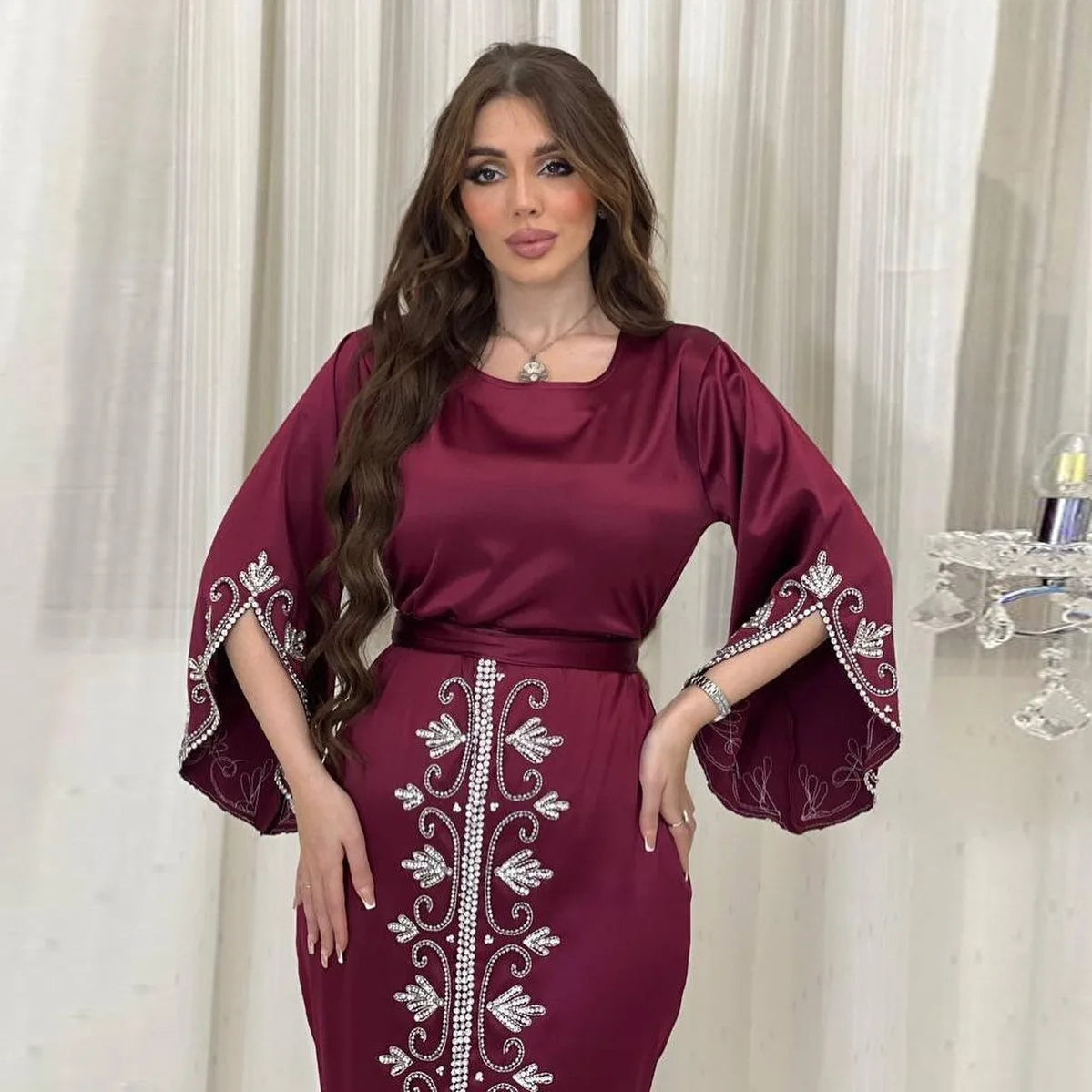 Elegant Satin Evening Gown Muslim Dress Women Abaya Long Sleeve Turkish Dresses Stylish Diamond Women Maxi Dress Dubai Kaftan