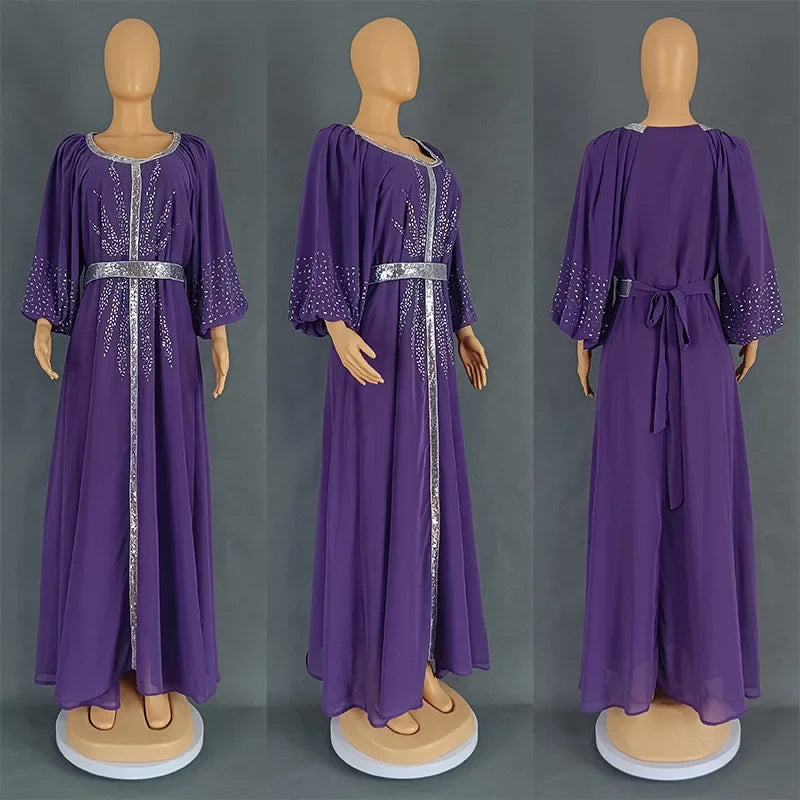 New 2025 Chiffon Diamonds Abayas for Women Luxury Dubai Abaya Turkey Kaftan Muslim Dress Djellaba Jalabiya Caftan Marocain Femme