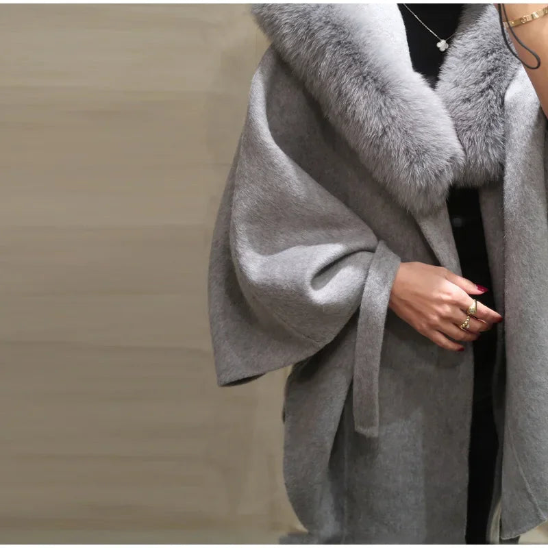 Elegant Fur Shawl Women's Coat Long Sleeve Patchwork Woolen Lace Up V-neck Solid Female Coats 2025 Autumn Winter Lady Jackets