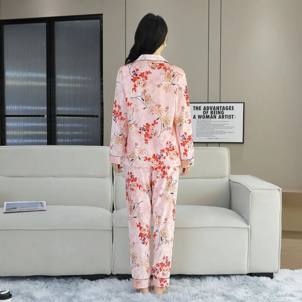 Elegant Women Pajamas 2-Piece Set long sleeved pants Print Velvet Pajamas Homewear Ladies Pajamas Women Sleepwear