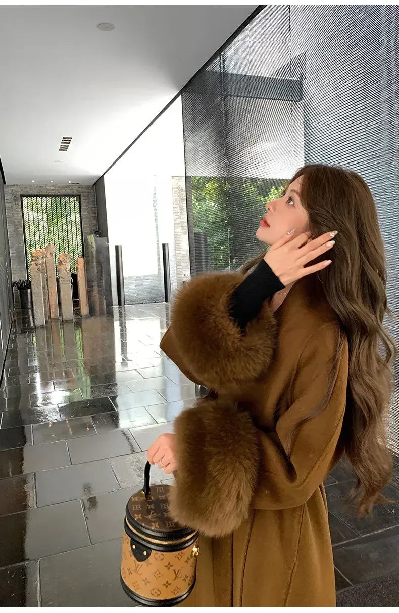Elegant Warm Woolen Coats Real Fur Jacket with Belt Loose Fashion Outerwears 2024 Women Big Fur Collar Overcoats Female