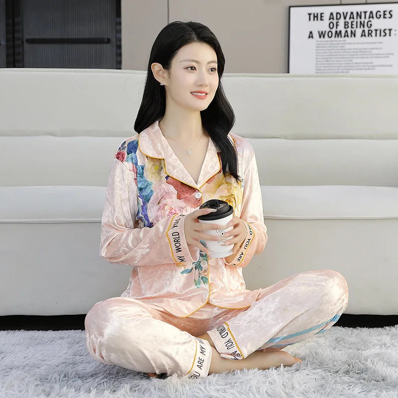 Women Pajama Sets Velvet Pajamas Women's Fall Long-sleeved Set of Women's Senior Fashion Cardigan Models Plus Size Homewear