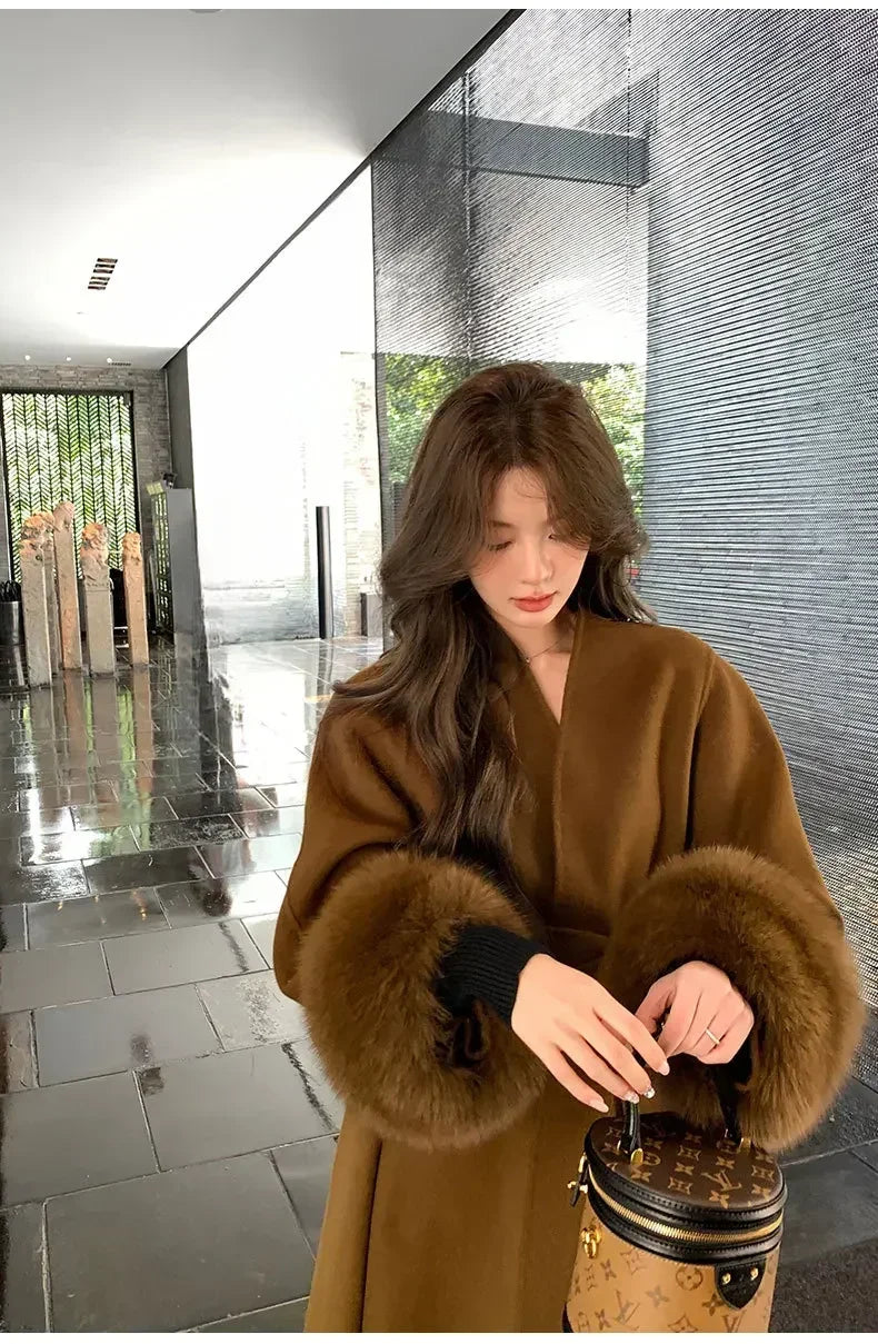 Elegant Warm Woolen Coats Real Fur Jacket with Belt Loose Fashion Outerwears 2024 Women Big Fur Collar Overcoats Female