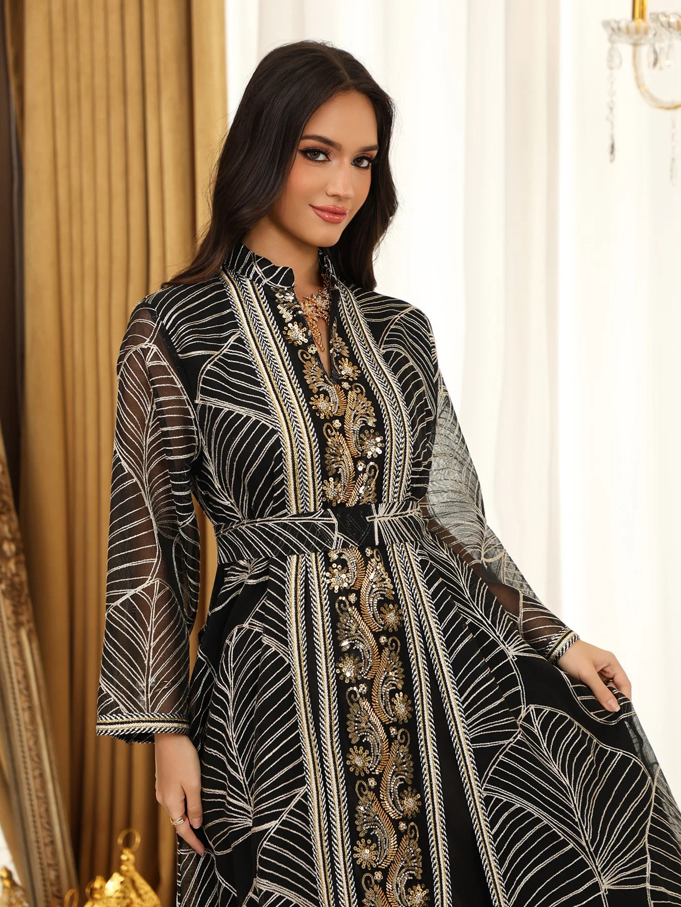 Women Mesh Sequins Dress Elegant Abaya  Eid Party Gorgeous Embroidery Dresses Lace-up Muslim Jalabiya  Vestidos Largos Robe 2025