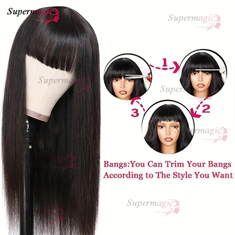 Raw Indian Bone Straight Human Hair With Bangs 4x4 Lace Middle Part Wigs For Black Women Brazilian 30 32 Inch Cheap Glueless Wig