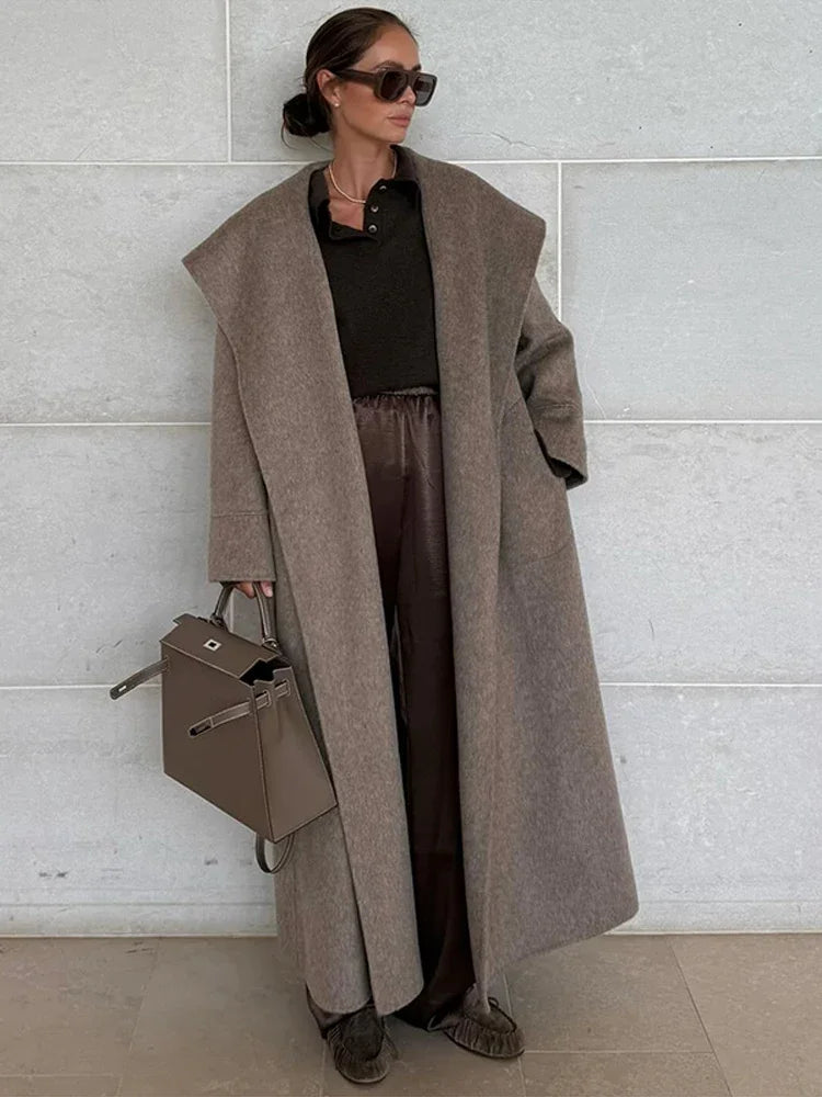 Solid Large Lapel Belted Long Woolen Women Coat Elegant Full Sleeve Lace Up Overcoat  2025 Autumn Winter Wrap Style Outerwear