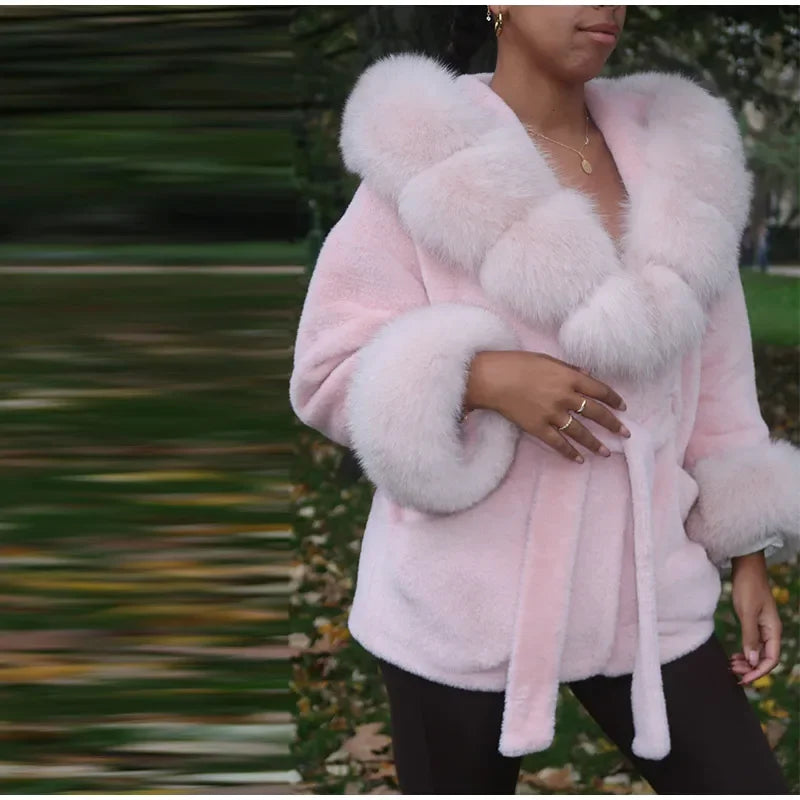 Elegant Hoody Faux Fur Women's Coat Loose Long Sleeve Pocket Warm Thicken Lady Coats 2025 Autumn Winter Chic Lady Streetwear